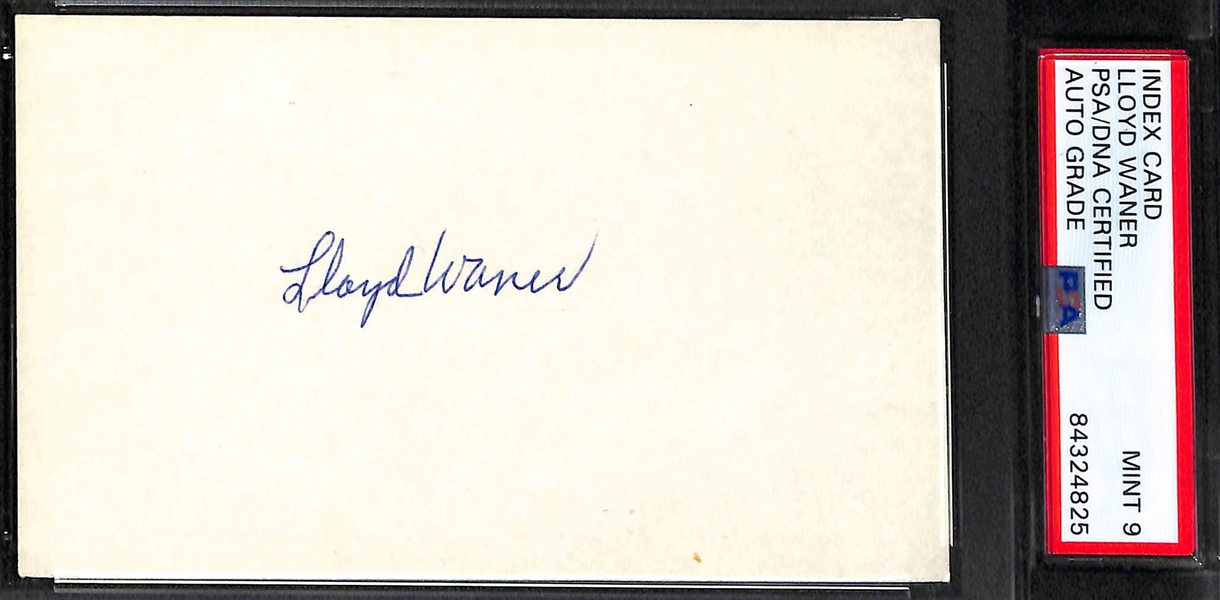 Autograph Lot - (2) Lloyd Waner (Yellow HOF Plaque & Index Card) and Roger Staubach 5 x 6.5 Souvenir Photo - All PSA/DNA Encased w. 9 or 10 Auto Grades