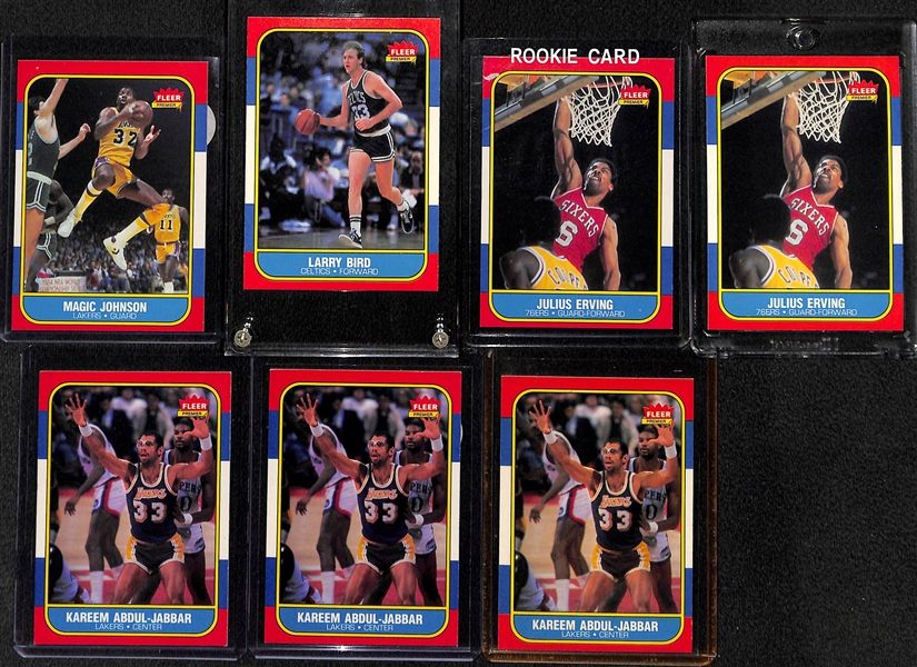 Lot of (7) 1986 Fleer Basketball Stars Including Magic, Bird, Erving, and Jabbar