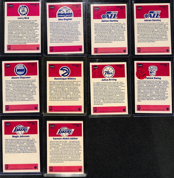 Lot of (10) 1986 Fleer Basketball Stickers Inc. Bird, Ewing, Jabbar, Magic, Olajuwon, Wilkins and More