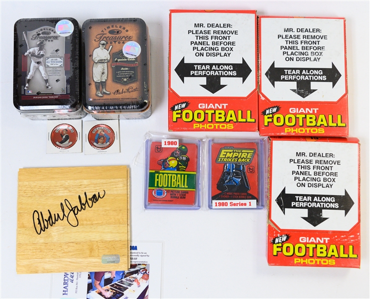 Unopened Boxes, Packs, (2) 1964 Coins (Clemente & Koufax), Kareem Abdul Jabbar Autographede Floor Piece
