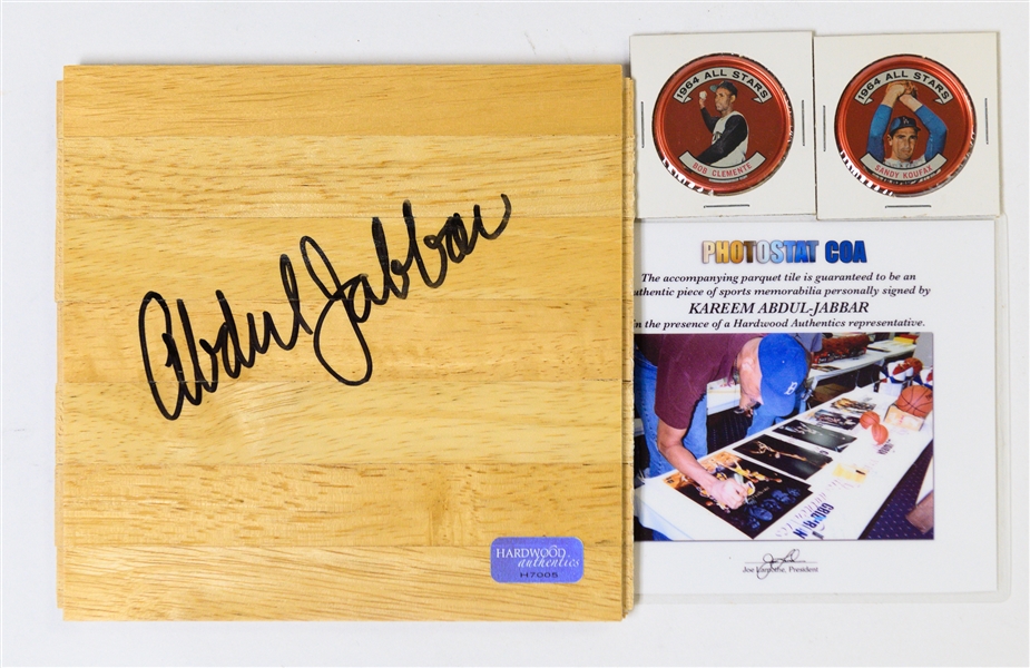 Unopened Boxes, Packs, (2) 1964 Coins (Clemente & Koufax), Kareem Abdul Jabbar Autographede Floor Piece