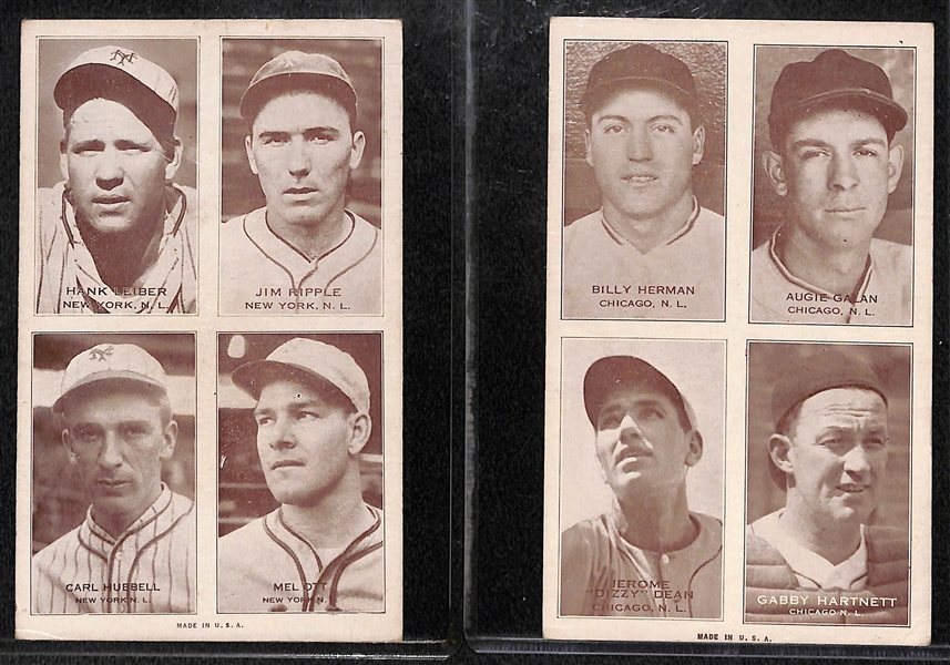 Lot of (2) 1938 Four-On-One Exhibit Cards Featuring Ott, Hubbell and Dizzy Dean
