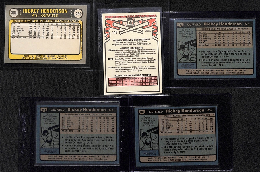 Lot of (5) Rickey Henderson Cards Featuring (3) 1980 Topps Rookie Cards