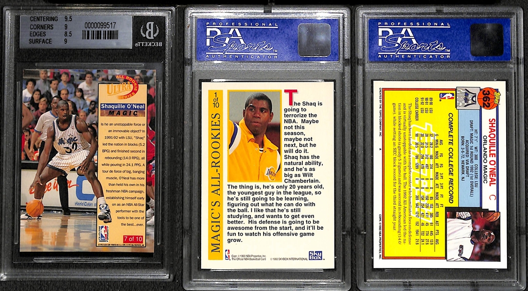 Lot of (3) Shaquille O'Neal Graded Mint Rookie Cards Featuring Topps Gold PSA 9