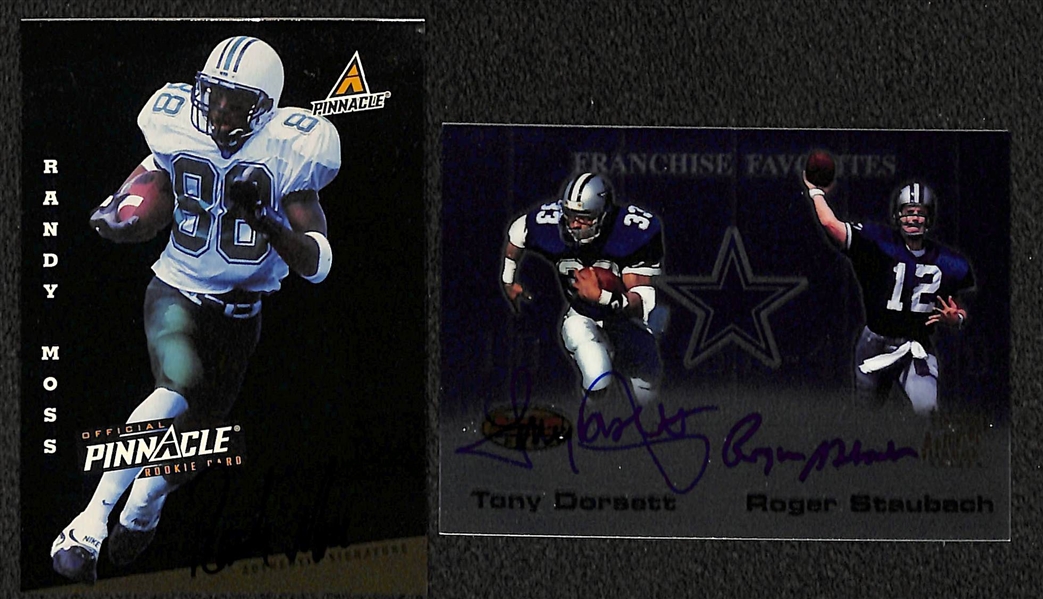 Randy Moss Pinnacle Rookie Autograph and Bowmans Best Franchise Favorites Dorsett and Staubach Autograph Cards