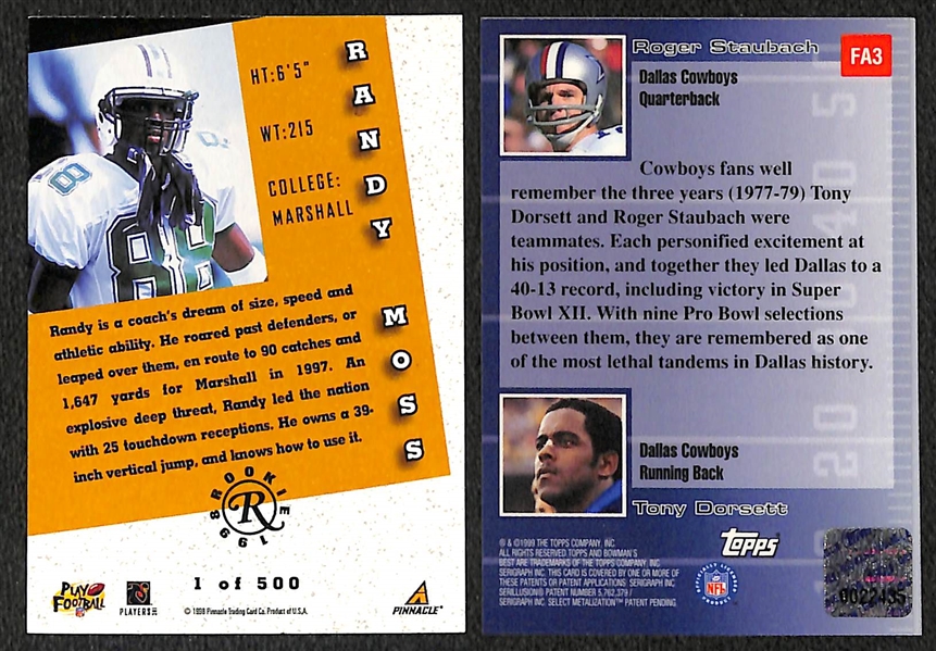 Randy Moss Pinnacle Rookie Autograph and Bowmans Best Franchise Favorites Dorsett and Staubach Autograph Cards