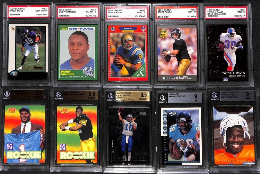 (10) Graded Football Rookies Inc. Randy Moss, Barry Sanders, Aikman, Terrell Davis, McNair