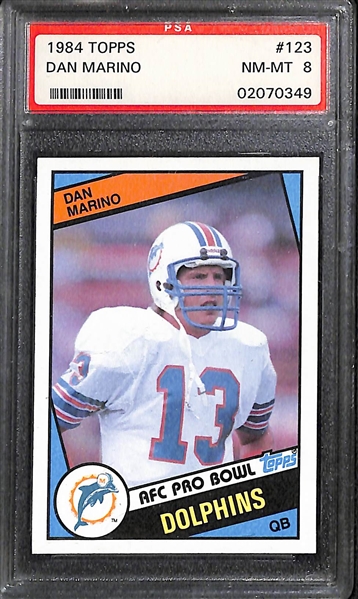 Dan Marino Graded Card Lot - 1984 Topps Rookie (PSA 8) and 2000 Greats of the Game Autograph (BGS 9, w. 9 Auto Grade)