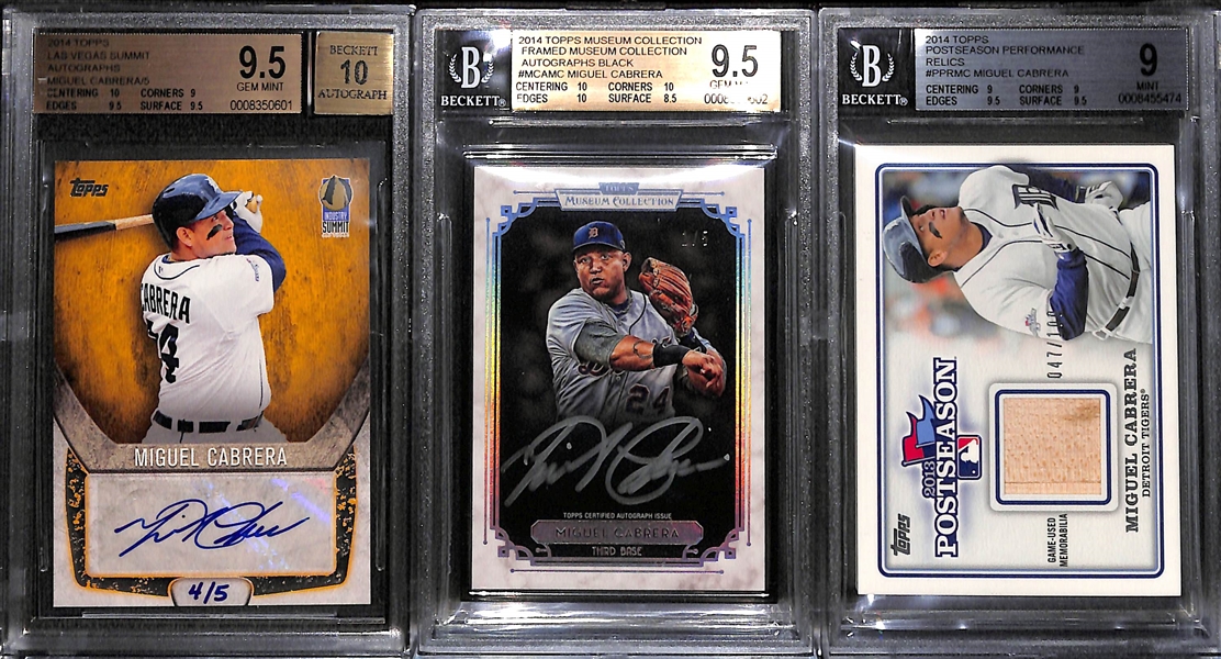 (3) BGS Graded Miguel Cabrera Rare Short Print Autographs and Relic Cards