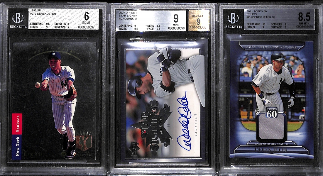 (3) Derek Jeter Cards w. BGS 6 1993 SP Rookie Card, 2007 Upper Deck Autograph (BGS 9), and BGS 8.5 Relic Card