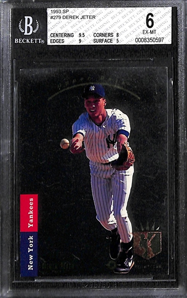 (3) Derek Jeter Cards w. BGS 6 1993 SP Rookie Card, 2007 Upper Deck Autograph (BGS 9), and BGS 8.5 Relic Card