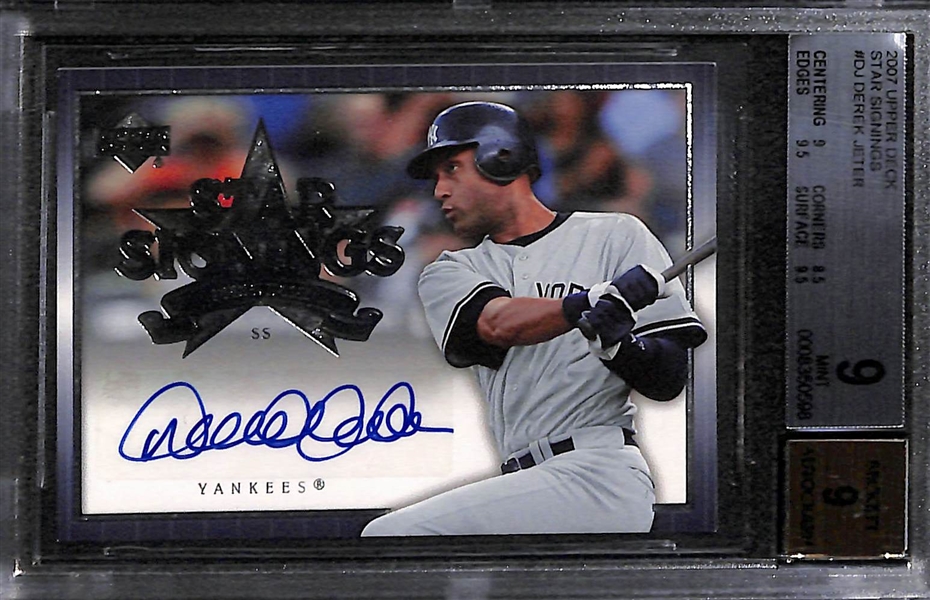 (3) Derek Jeter Cards w. BGS 6 1993 SP Rookie Card, 2007 Upper Deck Autograph (BGS 9), and BGS 8.5 Relic Card