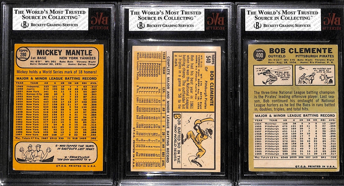 Lot of (3) 1960s BGS Graded HOF Lot with Mickey Mantle and Roberto Clemente