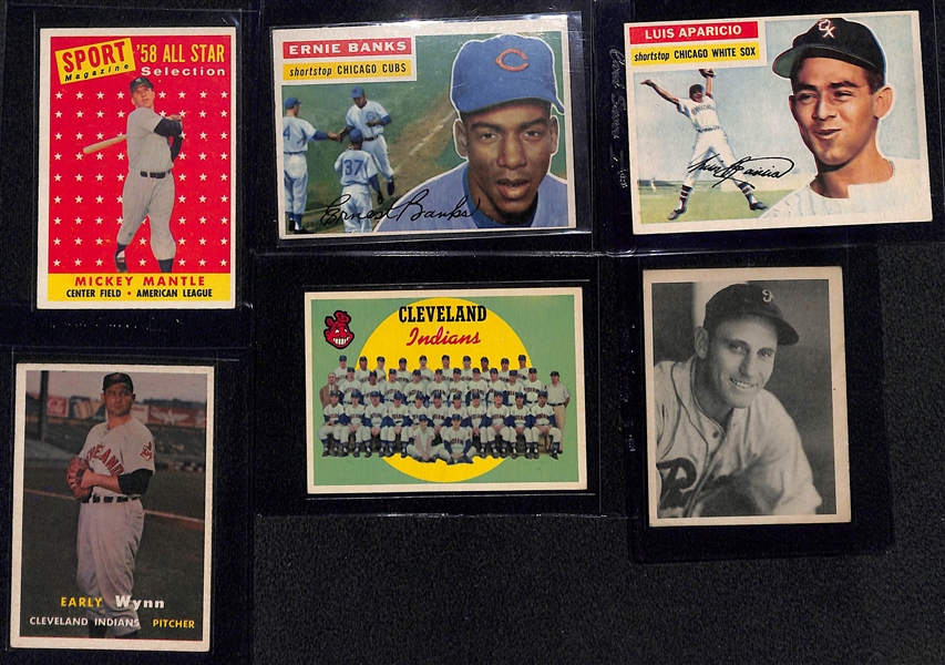 (6) Mostly 1950s Baseball Cards Featuring Mickey Mantle and Ernie Banks