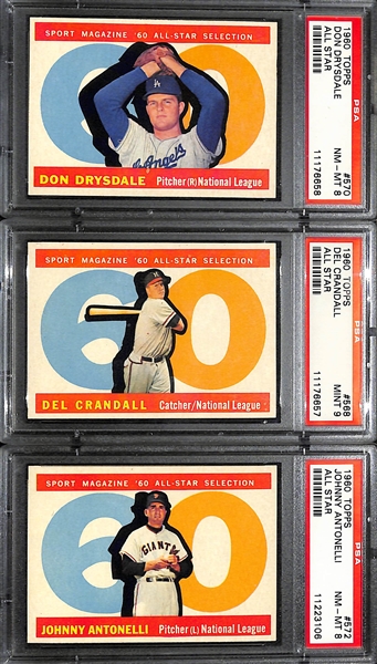 (3) PSA High Grade 1960 Topps Baseball Inc. Drysdale, Crandall, and Antonelli
