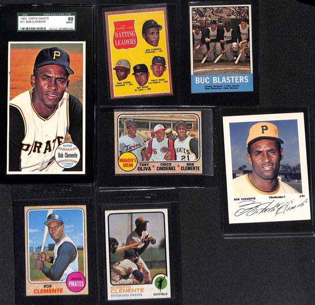 (7) Roberto Clemente Baseball Cards Featuring 1964 Topps Giants Graded SGC 88
