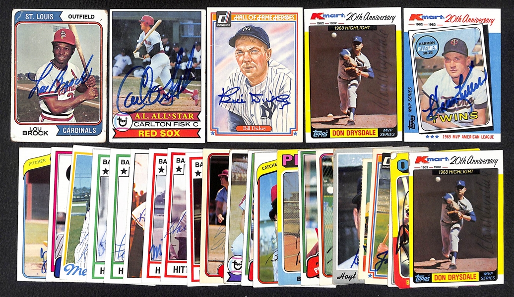 (27) Autographed Baseball Cards w. Brock, Fisk, Dickey, Drysdale, Killebrew (JSA Auction Letter)