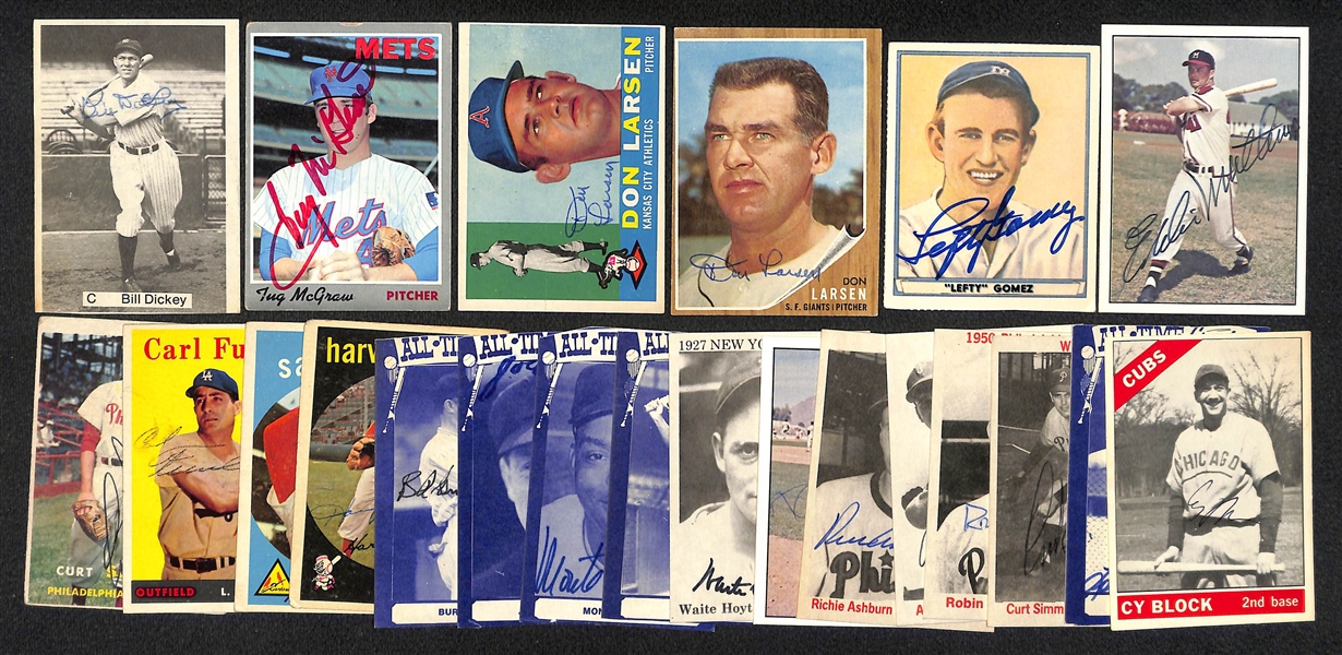 (22) Autographed Baseball Cards w. Dickey, McGraw, Larsen, Gomez, Mathews (JSA Auction Letter)