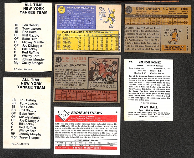 (22) Autographed Baseball Cards w. Dickey, McGraw, Larsen, Gomez, Mathews (JSA Auction Letter)