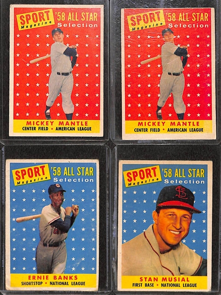 Lot of (4) 1958 Topps All-Stars w. (2) Mickey Mantle, Banks, Musial