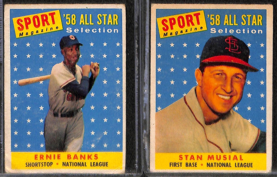 Lot of (4) 1958 Topps All-Stars w. (2) Mickey Mantle, Banks, Musial