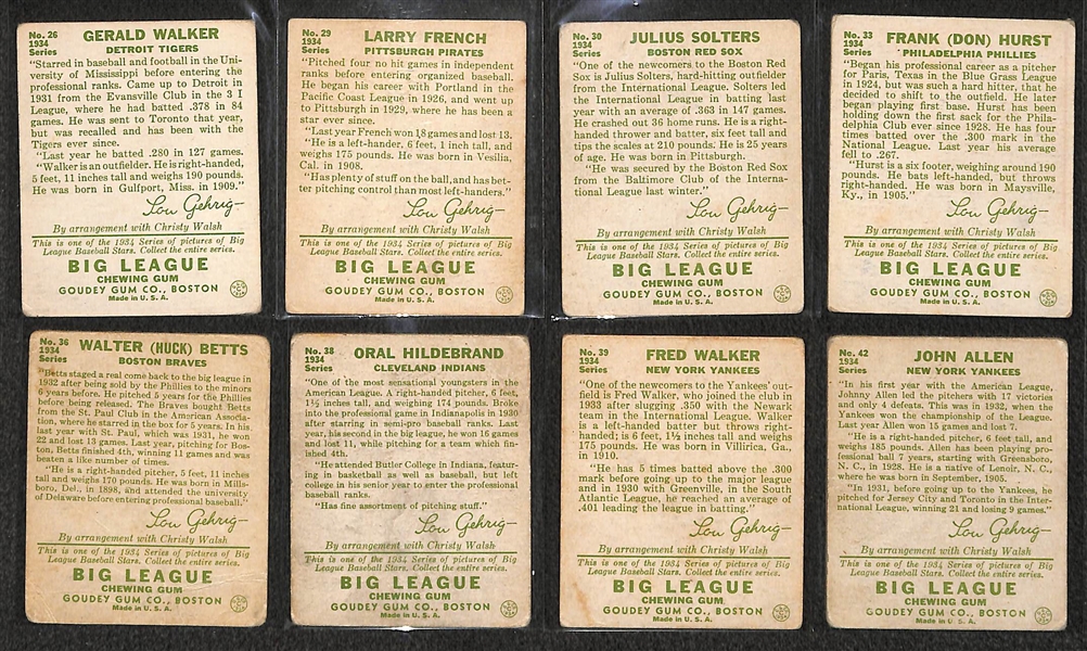 Lot of (8) 1934 Goudey Baseball Cards w. Gee Walker