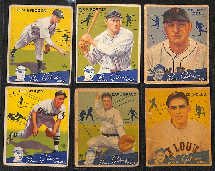 Lot of (6) 1934 Goudey Baseball Cards w. Tommy Bridges