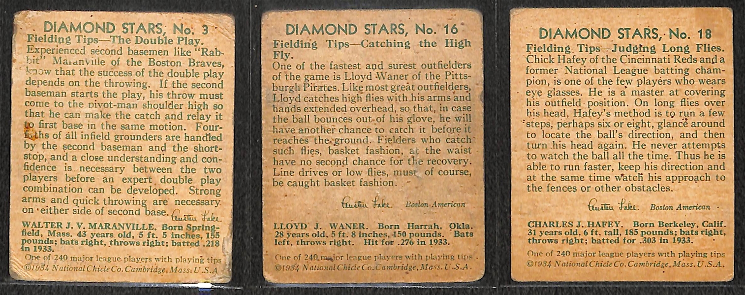 Lot of (3) 1935 Hall of Famers Diamond Stars Cards w. Maranville