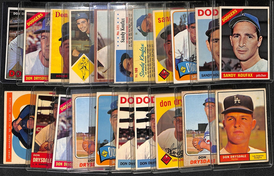Lot of (21) 1950s and 1960s Dodger Star Pitchers Inc. (8) Sandy Koufax and (13) Don Drysdale Cards