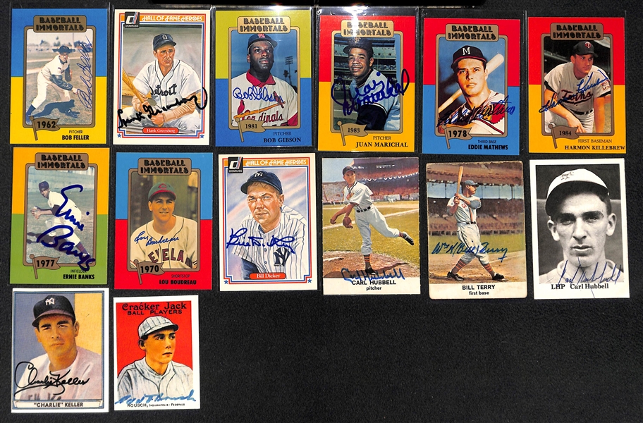 Lot of (14) Baseball HOF Autographed Cards Including Feller, Greenberg, Gibson, Marichal (All come with JSA Certs)