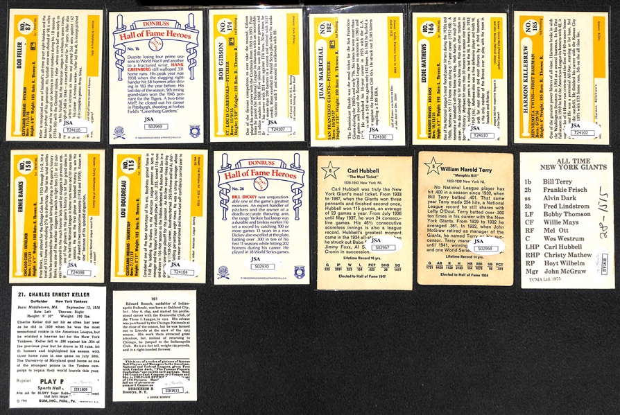Lot of (14) Baseball HOF Autographed Cards Including Feller, Greenberg, Gibson, Marichal (All come with JSA Certs)