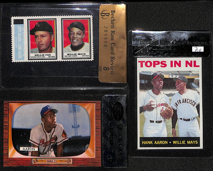 Lot of (3) Hank Aaron and Willie Mays Baseball Cards and Stamps Graded Lot