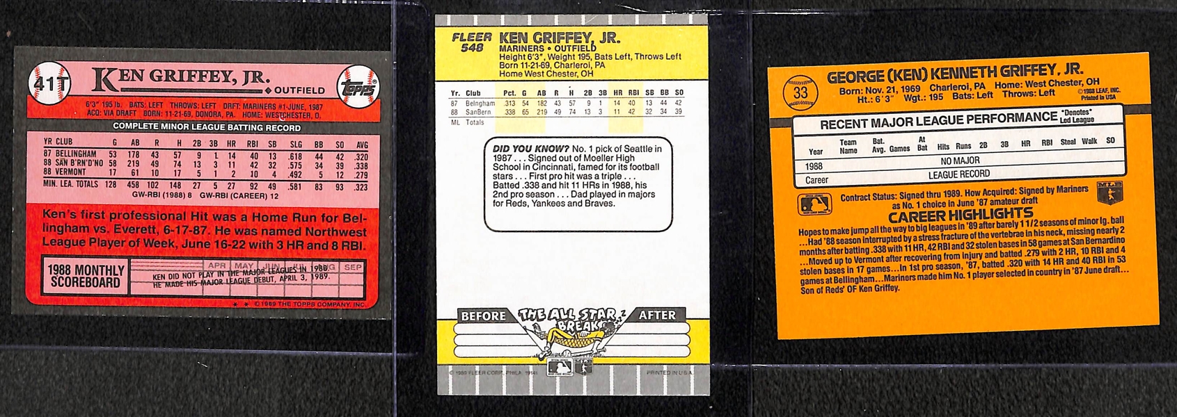 Lot of (20) 1989 Topps, Fleer, and Donruss Ken Griffey Jr. Rookie Cards