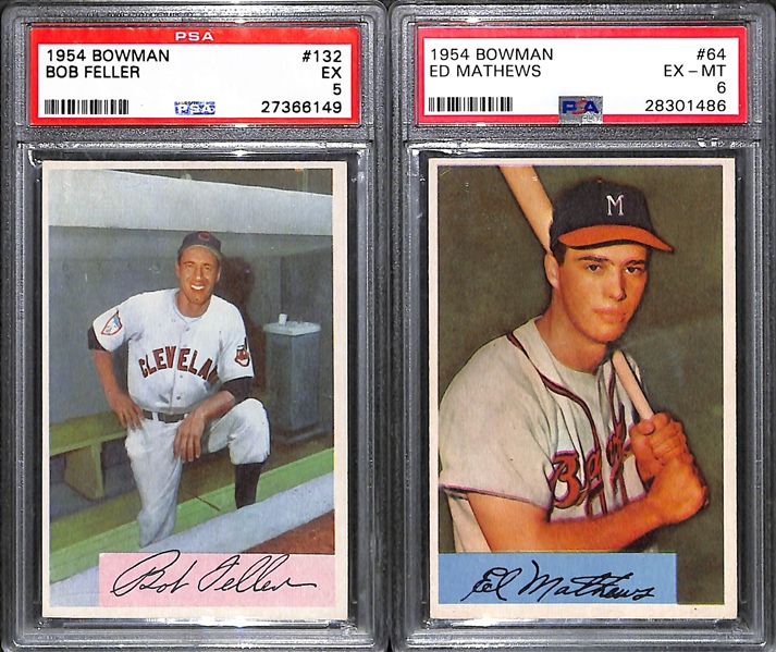 Lot of (2) 1954 Bowman Baseball Cards - Bob Feller PSA 5 & Eddie Mathews PSA 6