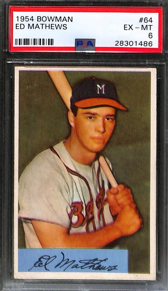 Lot of (2) 1954 Bowman Baseball Cards - Bob Feller PSA 5 & Eddie Mathews PSA 6