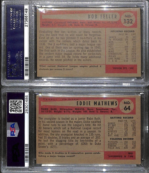 Lot of (2) 1954 Bowman Baseball Cards - Bob Feller PSA 5 & Eddie Mathews PSA 6