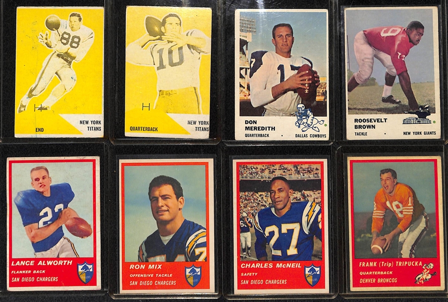 (2) 1960 Fleer Yellow Proof Cards w. Grantham, (2) 1961 Fleer Football w. Meredith RC, & (4) 1963 Fleer Football w. Alworth RC