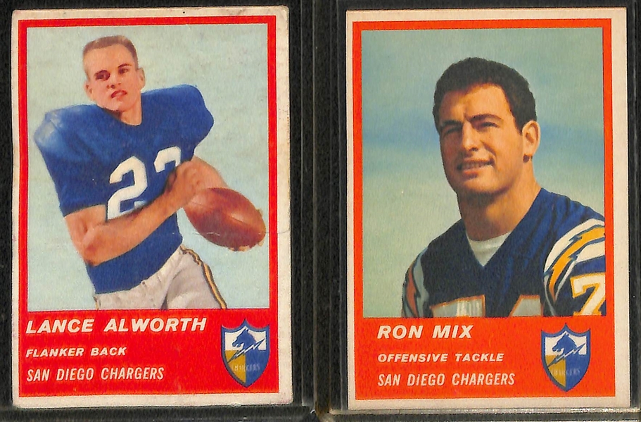 (2) 1960 Fleer Yellow Proof Cards w. Grantham, (2) 1961 Fleer Football w. Meredith RC, & (4) 1963 Fleer Football w. Alworth RC