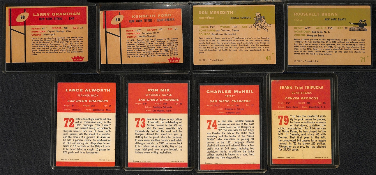 (2) 1960 Fleer Yellow Proof Cards w. Grantham, (2) 1961 Fleer Football w. Meredith RC, & (4) 1963 Fleer Football w. Alworth RC
