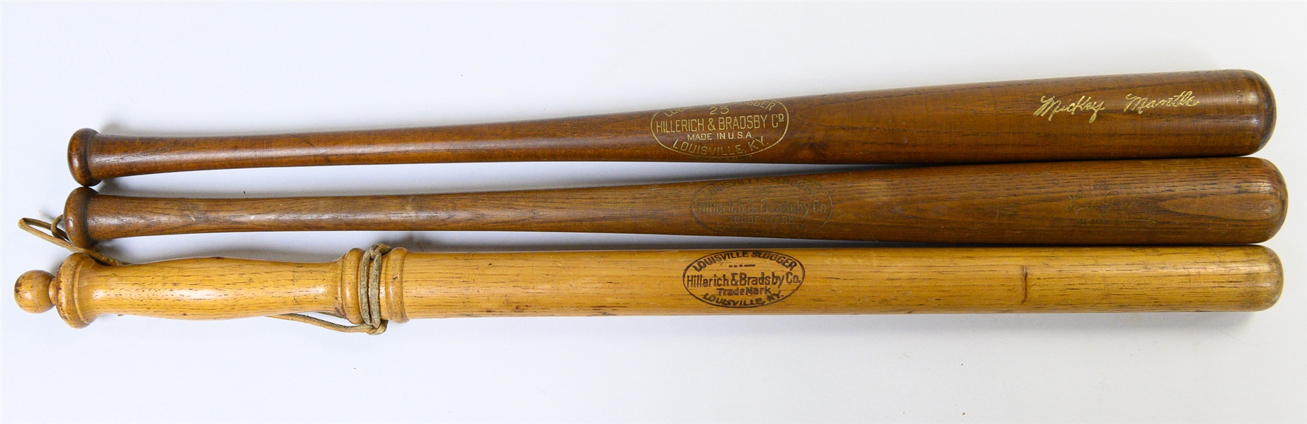 (3) Vintage 22 Louisville Sluggers Bats and Police Billy Club w. Lou Gehrig and Mickey Mantle