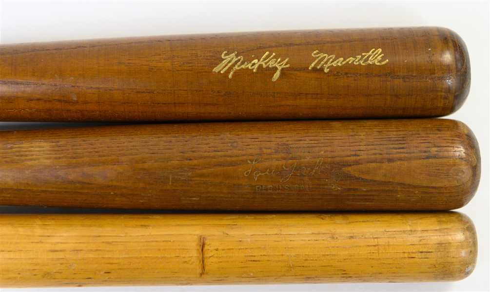 (3) Vintage 22 Louisville Sluggers Bats and Police Billy Club w. Lou Gehrig and Mickey Mantle
