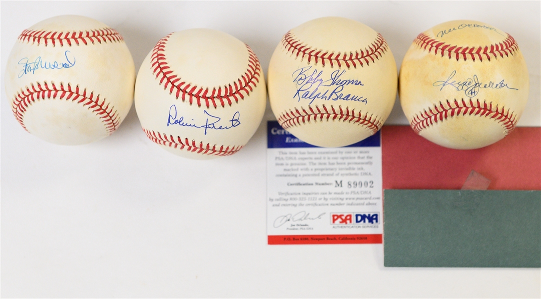Lot of (4) Autographed Baseballs Inc. Reggie Jackson, Robin Roberts, Stan Musial, Bobby Thomson/Ralph Branca