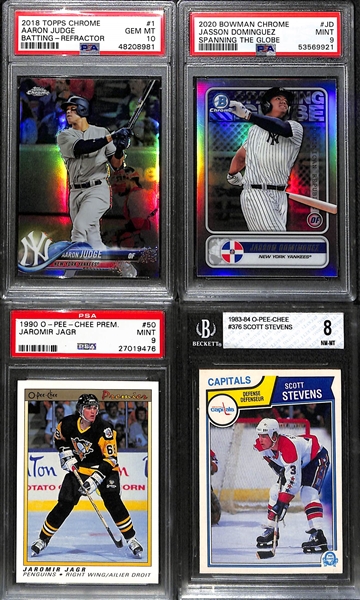 Lot of (4)  Graded Baseball and Hockey Cards w. Aaron Judge, Dominguez, Jagr, and Stevens 