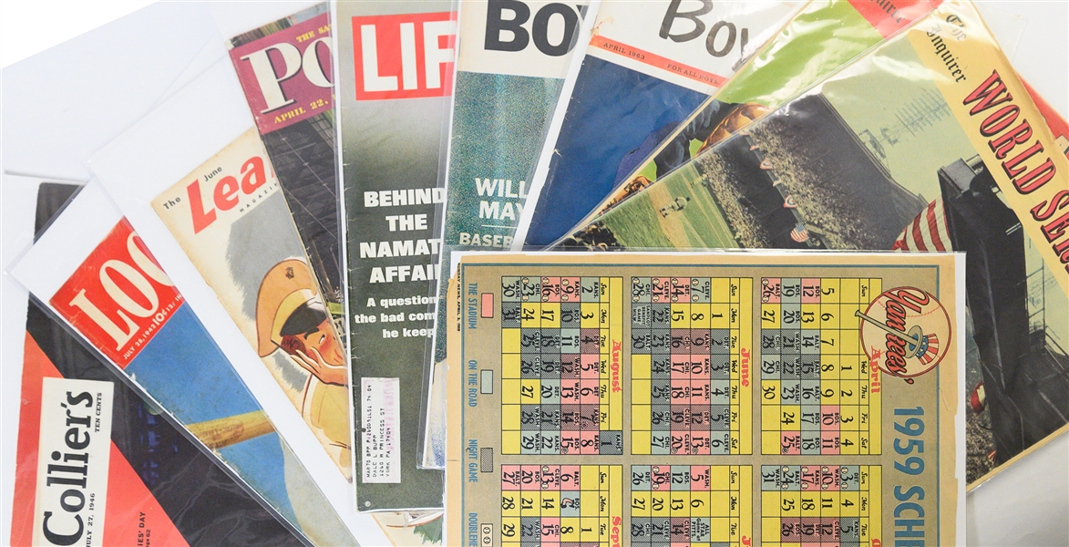 Lot of (11) 1940s, 50s, and 60s Newspaper Sections, Magazines w. 1959 Yankees Schedule, and Yogi Berra Autograph