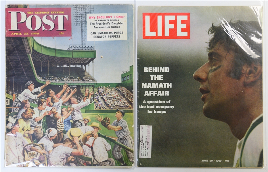 Lot of (11) 1940s, 50s, and 60s Newspaper Sections, Magazines w. 1959 Yankees Schedule, and Yogi Berra Autograph