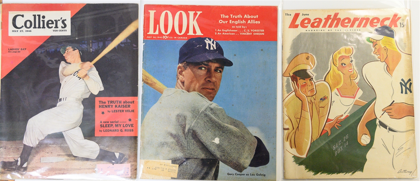 Lot of (11) 1940s, 50s, and 60s Newspaper Sections, Magazines w. 1959 Yankees Schedule, and Yogi Berra Autograph