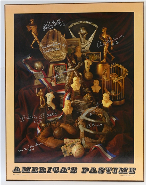 28x22 Baseball Poster Plaque Signed By 7 Hofers (Mantle, Berra, Kaline, Feller, B. Robinson, H. Newhouser, R. Ferrell) w. JSA Auction Letter of Authenticity