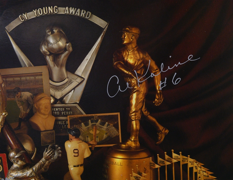 28x22 Baseball Poster Plaque Signed By 7 Hofers (Mantle, Berra, Kaline, Feller, B. Robinson, H. Newhouser, R. Ferrell) w. JSA Auction Letter of Authenticity