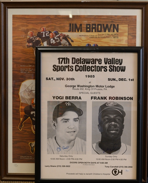 36x29 Jim Brown Signed & Framed Print & Yogi Berra/ Frank Robinson Dual Signed Show Poster (16x20) - Comes w. JSA Auction Letter of Authenticity