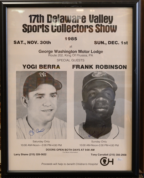 36x29 Jim Brown Signed & Framed Print & Yogi Berra/ Frank Robinson Dual Signed Show Poster (16x20) - Comes w. JSA Auction Letter of Authenticity